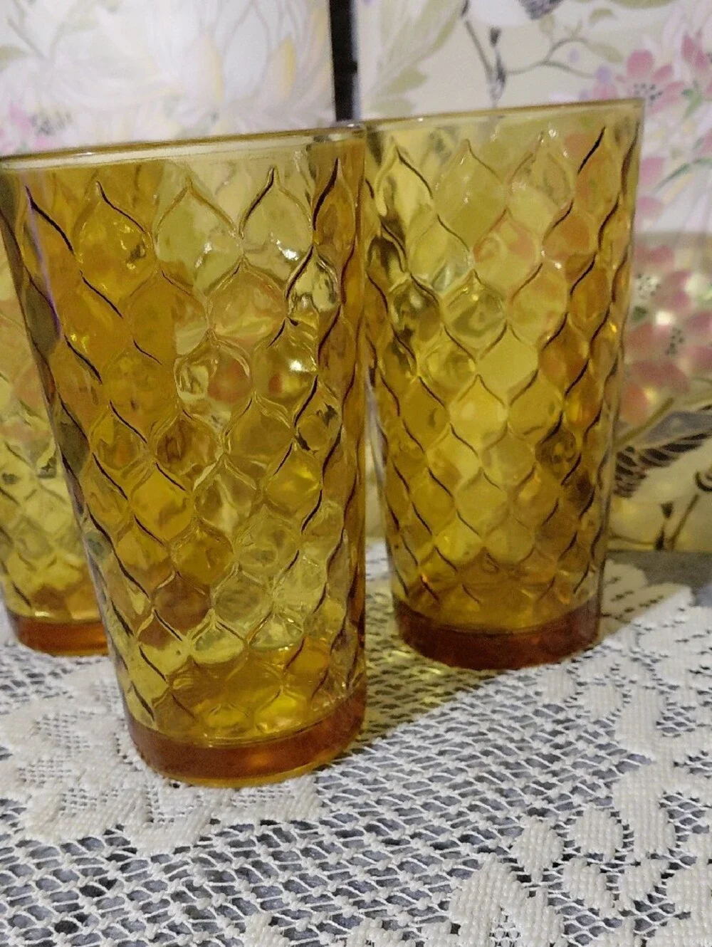 Amber Textured Glass Tumbler Set of 3 - Elegant Honey Amber Drinkware
